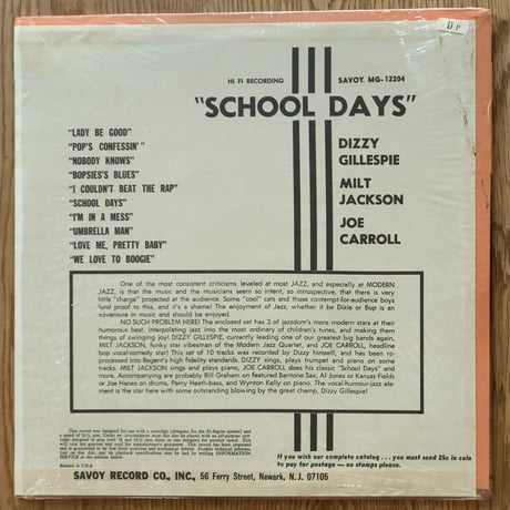 DIZZY GILLESPIE, MILT JACKSON, JOE CARROLL - School Days (SAVOY MG12204)