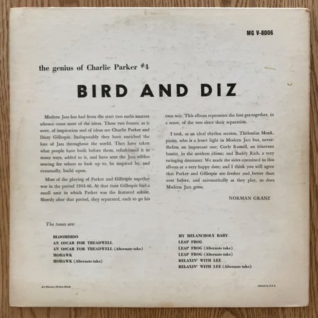 CHARLIE PARKER - Bird and Diz (VERVE MGV-8006)