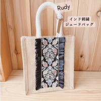 インド刺繍ジュートバッグ いちごリボン×黒フリル Rudy34-97