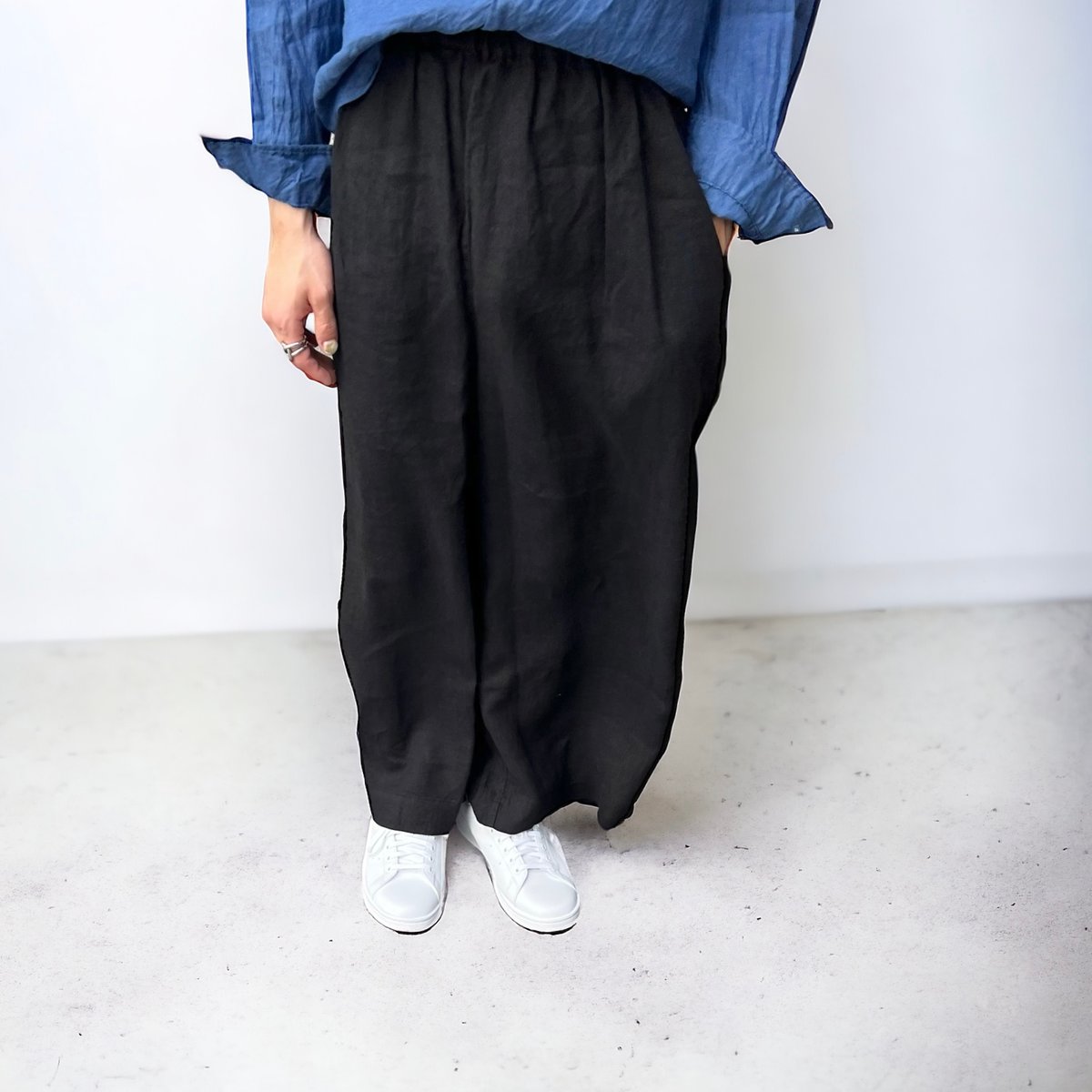 H71-D-S◆美品◆ 45rpm ワイド リネンパンツ プリーツ セルフカットプリーツワイドパンツ♪M～LL楽ちん裾カット