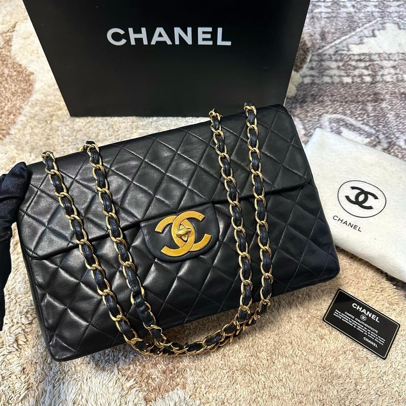 シャネル デカマトラッセ 34 Wチェーン ショルダーバッグ 黒 ヴィンテージ CHANEL】シャネル デカマトラッセ34 ショルダーバッグ ダブルチェーン