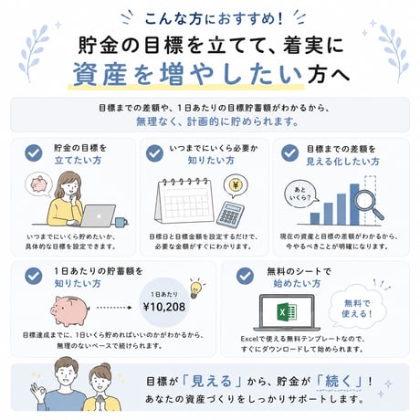 1日あたりの目標貯蓄額がわかる資産管理シート｜無料Excelテンプレート