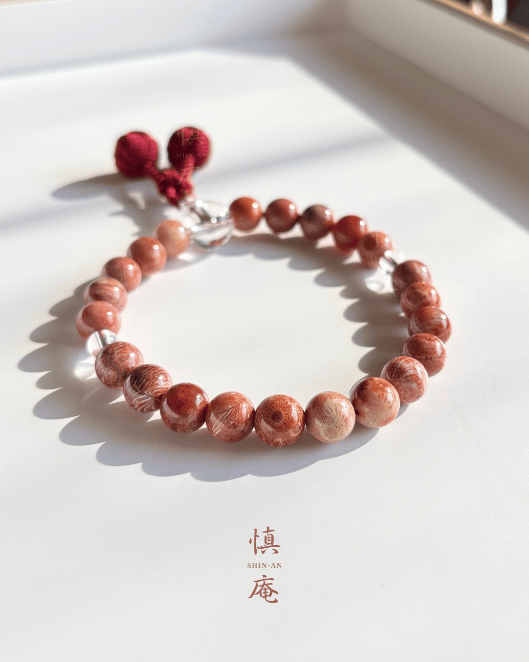 たまきフォッシルコーラル　天珠　1-330 9.5㎜玉 フォッシルコーラル／手作り略式念珠 | shin-mala