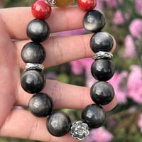 【パンダの工房】天然石大玉オブシディアン＋ルチル＋朱砂デザインブレスレット