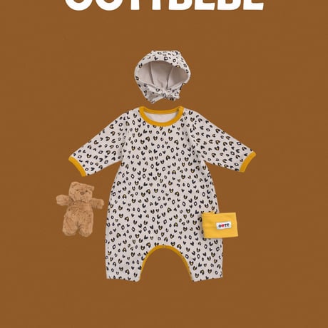 oottbebe/20. heart leopard FullBody suit bonnet set S(0-6M)-M(6-12M)