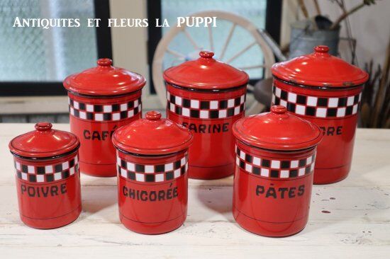 6個セット) フランス アンティーク ホーロー キャニスター 青 マーブル