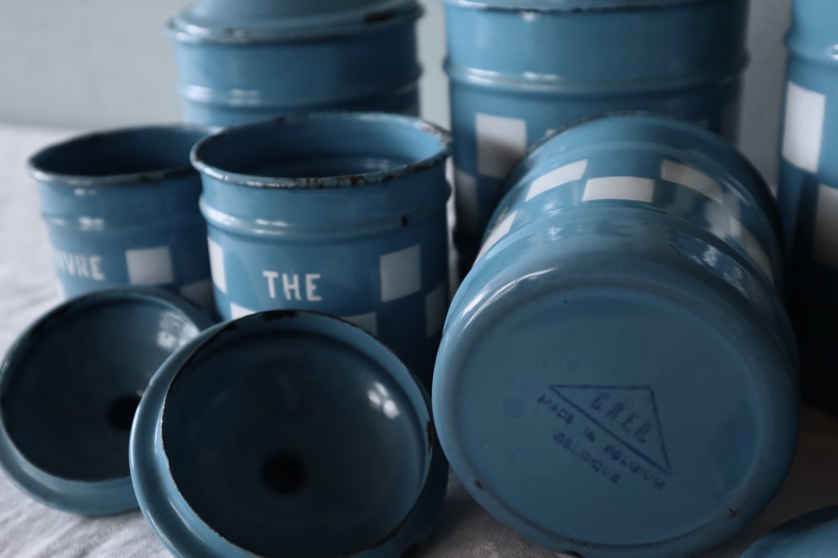 アンティークキャニスターCNEB BELGIQUE 6客セット Bleu avec motif