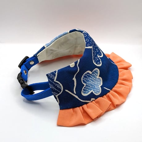 [3WAY Pet Collar] (large) Vintage KIMONO Dogs Cats ( bow tie, Apron, Bib)  blue