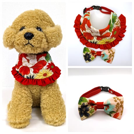 [3WAY Pet Collar] (large) Vintage CHIRIMEN-KIMONO(crepe fabric)  Dogs Cats ( bow tie, Apron, Bib)