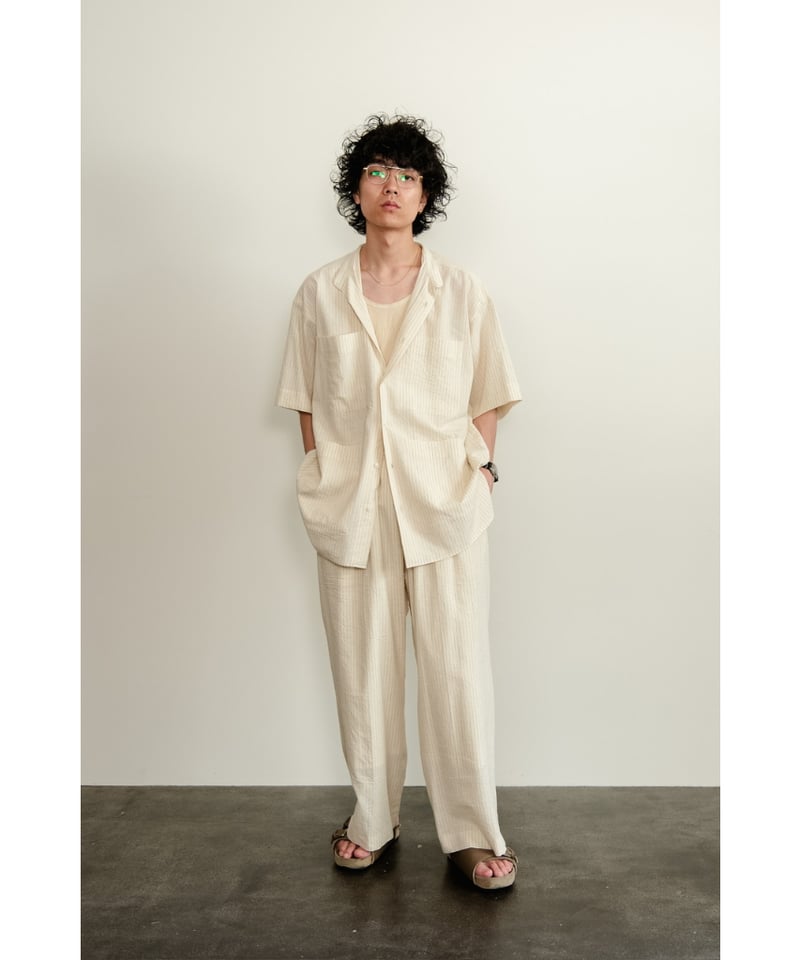 POSTELEGANT Cotton Linen Stripe Short Sleeve Sh