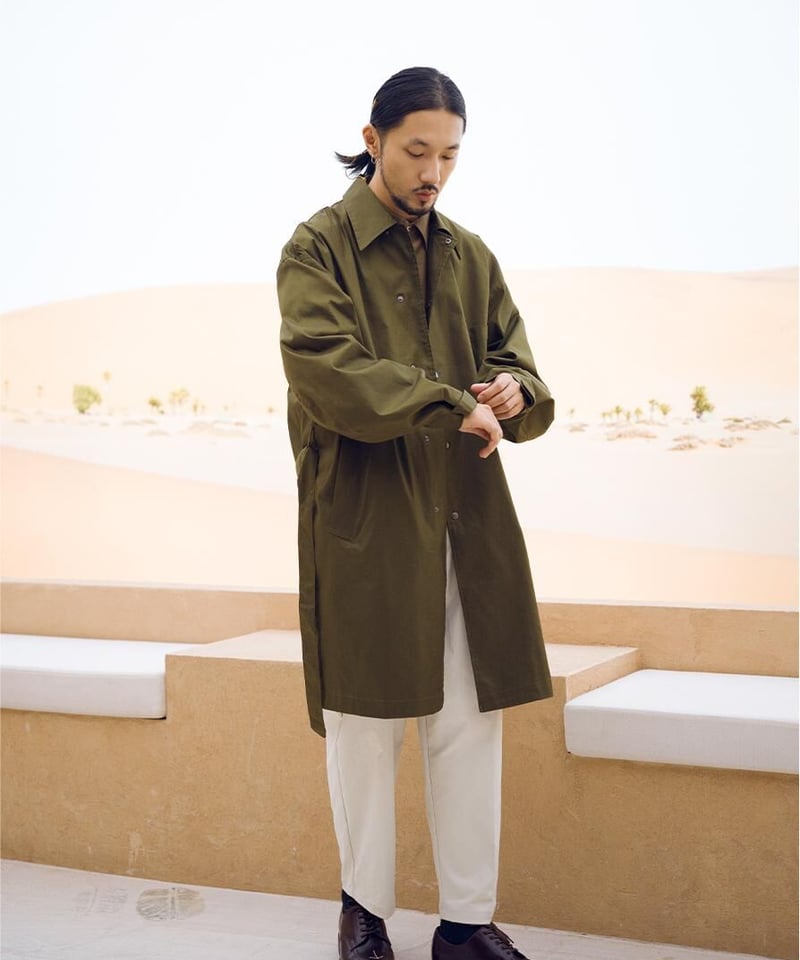 Gabardine Balmacaan Coat-Olive Brown | MIZUTOKI