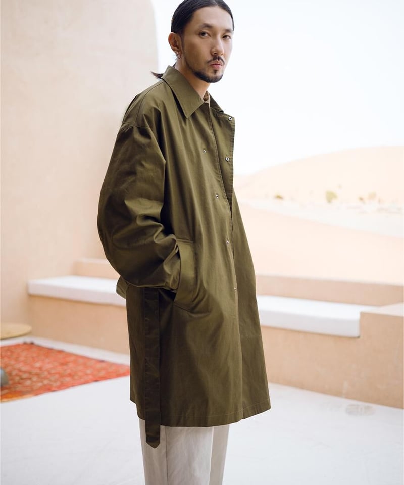 Gabardine Balmacaan Coat-Olive Brown | MIZUTOKI