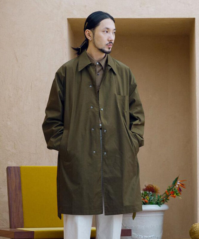 Gabardine Balmacaan Coat-Olive Brown | MIZUTOKI