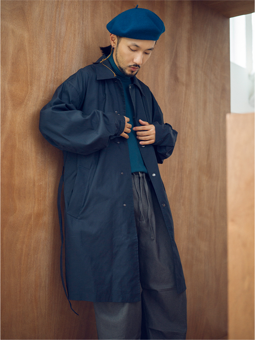 Gabardine Balmacaan Coat-Navy Blue | MIZUTOKI