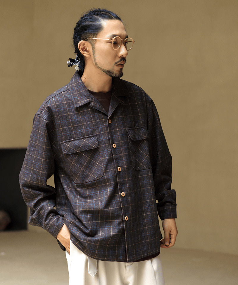 UNUSED Check shirt BEIGE×BLACK Flap Pocket Check Shirt-Mud Brown | MIZUTOKI