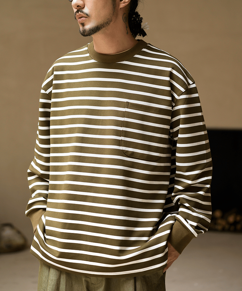 トップス border sweater with pocket Border Pocket Sweatshirt-Ginger x Apricot | MIZ