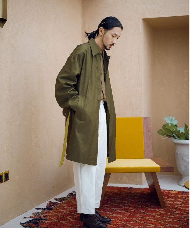 Gabardine Balmacaan Coat-Olive Brown | MIZUTOKI