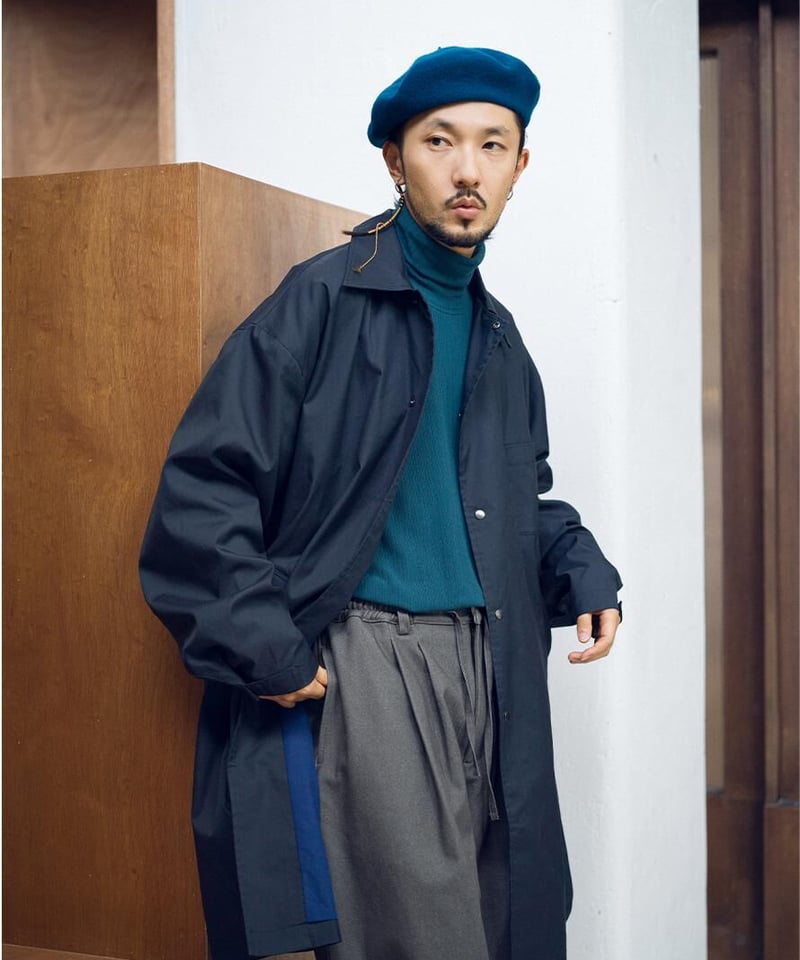 Gabardine Balmacaan Coat-Navy Blue | MIZUTOKI