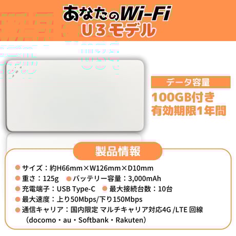 [液晶なしモデル] リユース品 月額費用なしのモバイルWi-Fi プリペイドチャージ型 100ギガ付き　あなたのWi-Fi