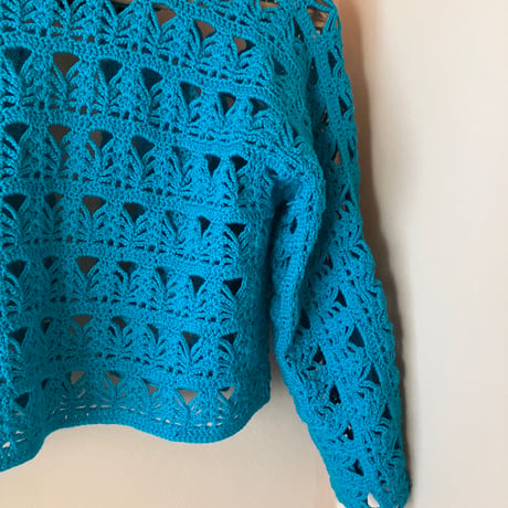 Vintage Fringe Crochet Cardigan / Turquoise Blue