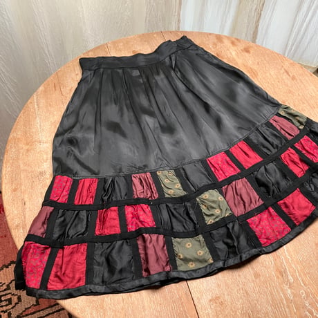 Vintage Patchwork Satin Skirt / Black,Red,Olive Green