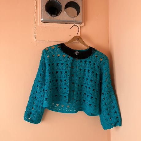 Vintage Fringe Crochet Cardigan / Turquoise Blue