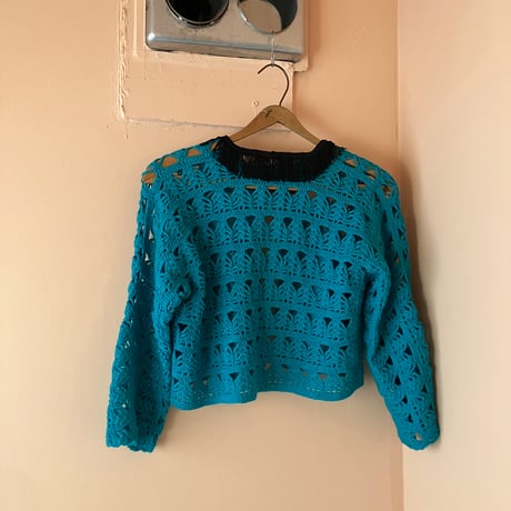 Vintage Fringe Crochet Cardigan / Turquoise Blue