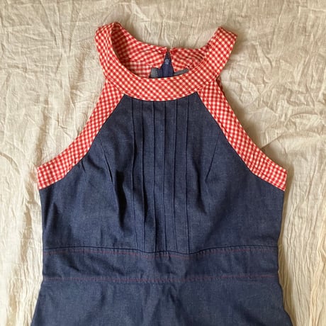 Vintage denim dress /dark blue×red