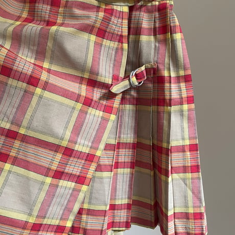 Vintage wrap pleats skirt / red × yellow × beige