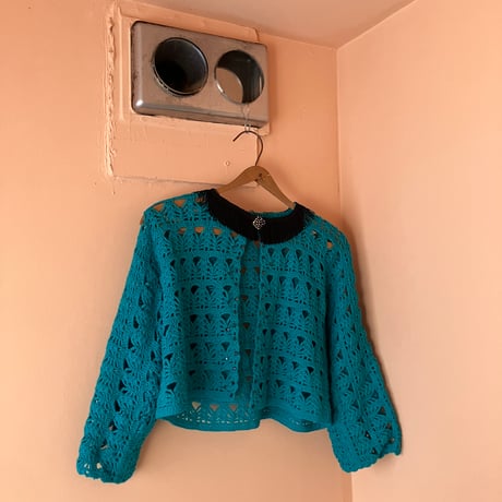 Vintage Fringe Crochet Cardigan / Turquoise Blue