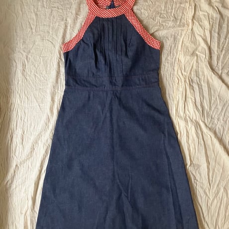 Vintage denim dress /dark blue×red