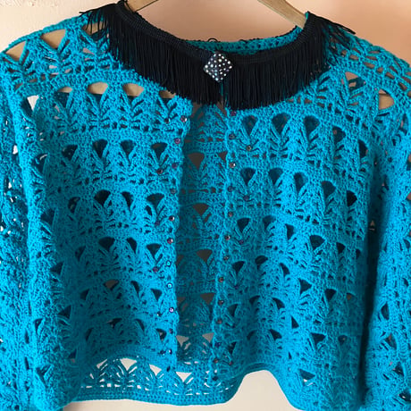 Vintage Fringe Crochet Cardigan / Turquoise Blue