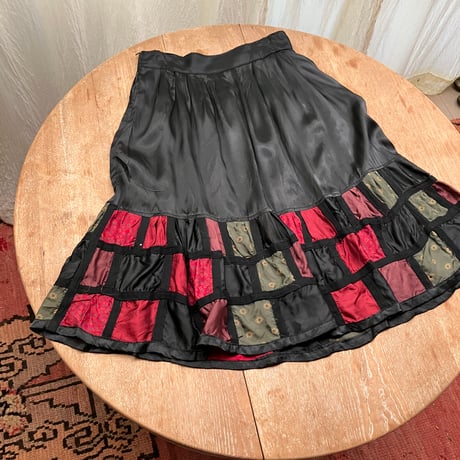 Vintage Patchwork Satin Skirt / Black,Red,Olive Green