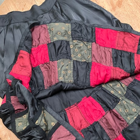 Vintage Patchwork Satin Skirt / Black,Red,Olive Green