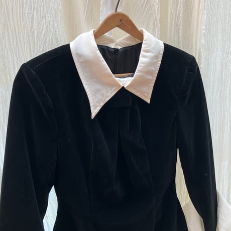 Velvet Long Sleeve Cuff Dress / Black×White