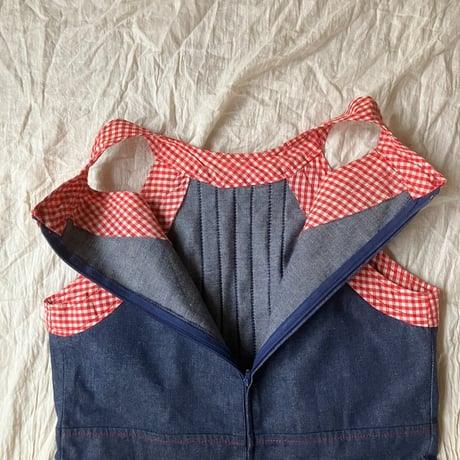 Vintage denim dress /dark blue×red