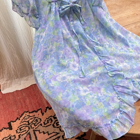 Vintage Harrods Floral Print Gown / Light Blue