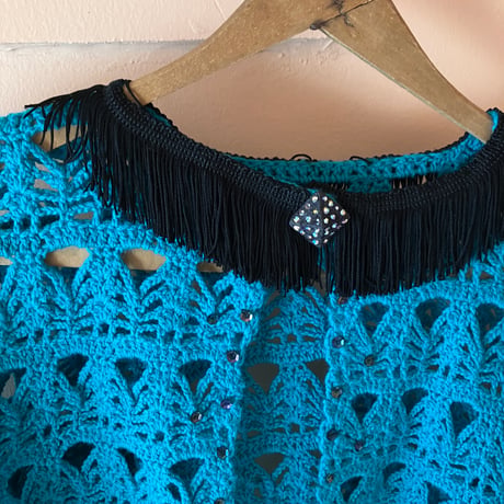 Vintage Fringe Crochet Cardigan / Turquoise Blue