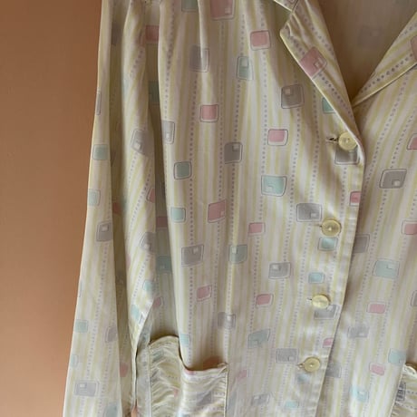 60s Vintage Printed Pajama Shirt / Light Yellow×Multi