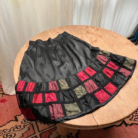 Vintage Patchwork Satin Skirt / Black,Red,Olive Green