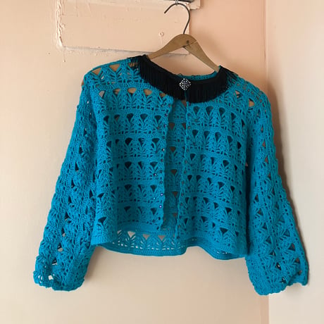 Vintage Fringe Crochet Cardigan / Turquoise Blue