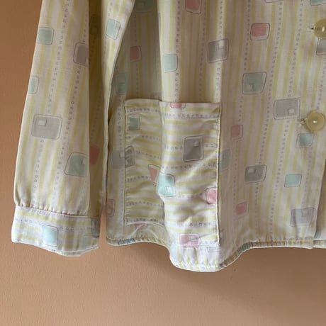 60s Vintage Printed Pajama Shirt / Light Yellow×Multi