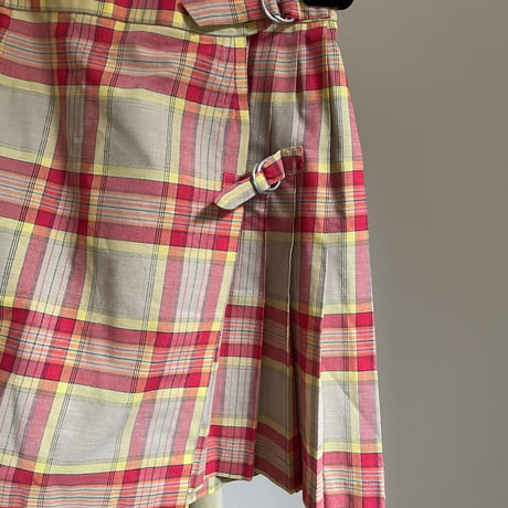 Vintage wrap pleats skirt / red × yellow × beige