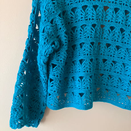 Vintage Fringe Crochet Cardigan / Turquoise Blue