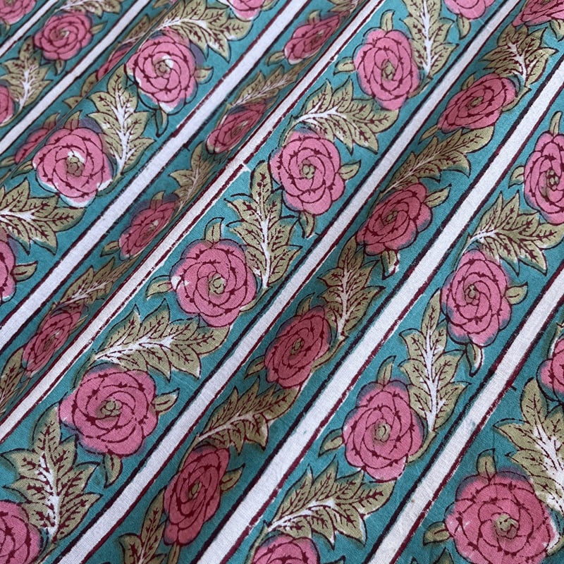 ハンドブロックプリント ストライプ柄 グリーン ピンク ライトブラウン