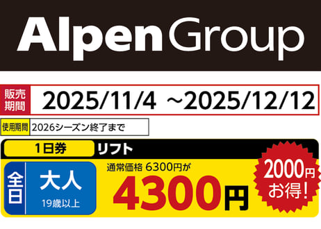 スキーリフト券 2枚セット AlpenGroup アルペングループ 早割リフト券Plus!!