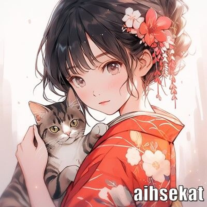 着物女性と猫 着物と美女と猫0060 | aihsekat's STORE