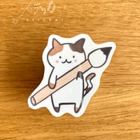 ステッカー:  筆を抱えた三毛猫