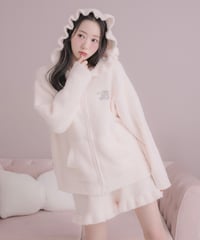 フリルフード付きニットパーカー