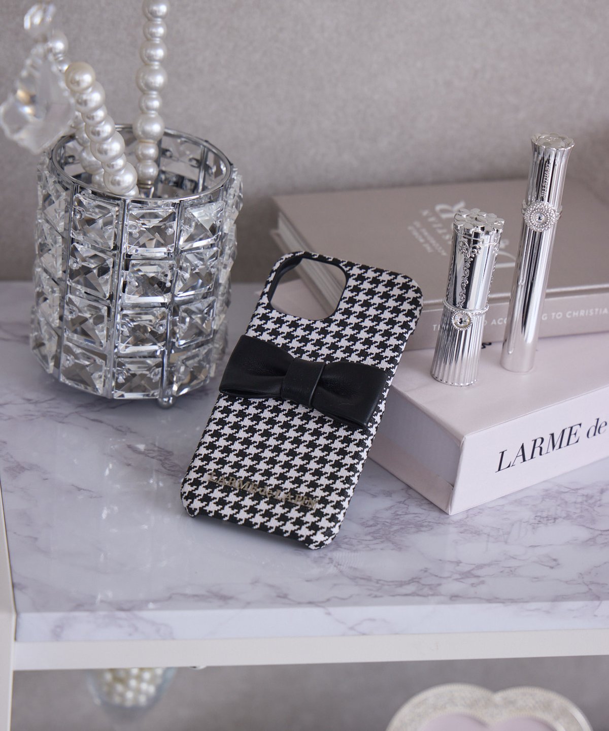 VIP限定、非売品、スマホケース、小銭入れ、千鳥格子柄 箱付き 名入れ☆多機種対応【千鳥格子柄 モノトーン ケース2】ユニセックス